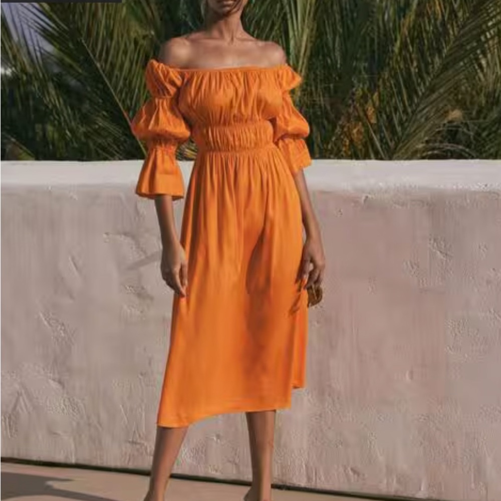 Cult Gaia Off-Shoulder Orange Midi Dress